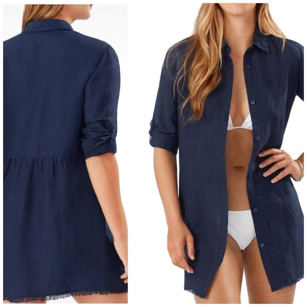 Tommy Bahama St. Lucia Linen Boyfriend Shirt Dress Cover-Up Swim Blue Medium